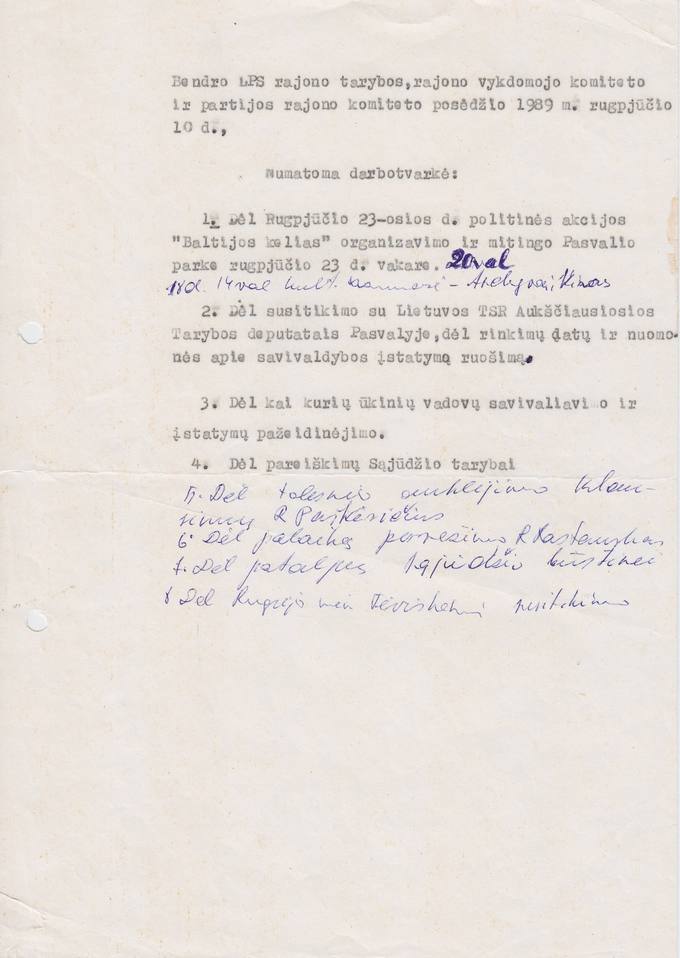 Bendro LPS rajono tarybos, rajono vykdomojo komiteto ir partijos rajono komiteto 1989 m. rugpjūčio 10 d. posėdžio numatoma darbotvarkė